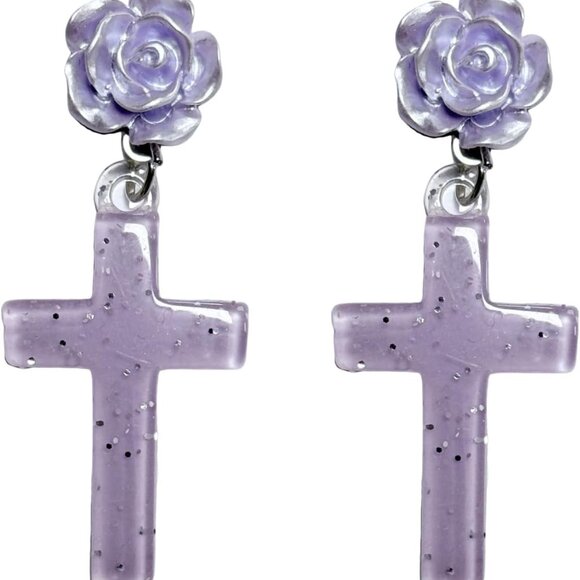 Handmade Resin Rose Cross Dangle Drop Earrings Lightweight Acrylic Cross Earring - Picture 1 of 3